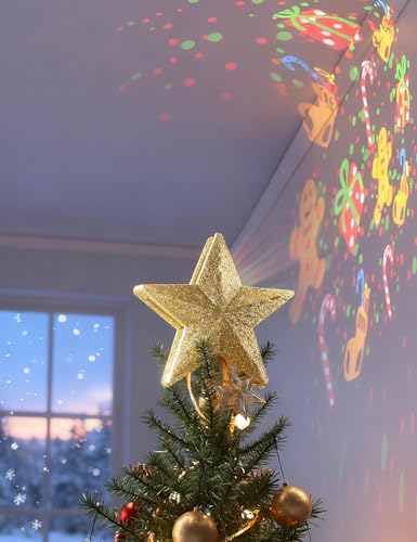Christmas Tree Topper Lighted Star with 6 Projected Patterns, 3D Hollow Sparkling Star K7783