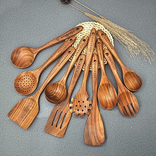 Natural Teak Wooden Spoons for Cooking, 10-Piece Kitchen Utensil Set I607645