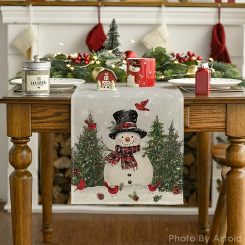 Snowman Christmas Birds Trees Table Runner, Winter Holiday Kitchen Dining Decoration, 13 x 72 Inch B443657