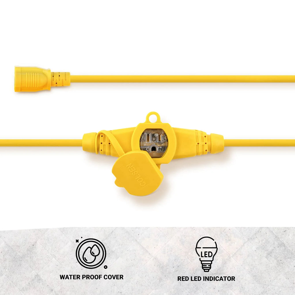 50ft Yellow Power Extension Cord 3 Prong Outlet with LED Indicator N82022