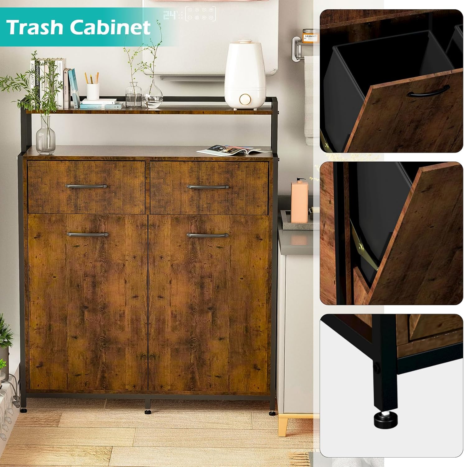 Tilt Out Trash Cabinet with 2 Drawers and Shelf, 10 Gallon P533