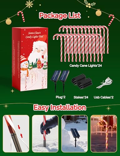 24 Pack Solar Christmas Candy Cane Lights Outdoor Pathway Decorations with 168 Warm Lights H655