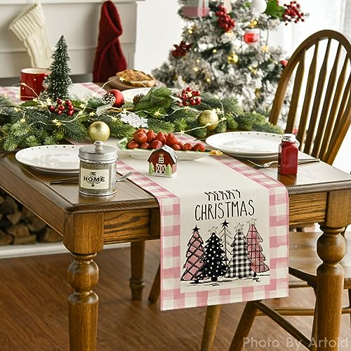 Buffalo Plaid Christmas Trees Table Runner, Winter Holiday Kitchen Dining Decor, 13 x 108 Inch D48516