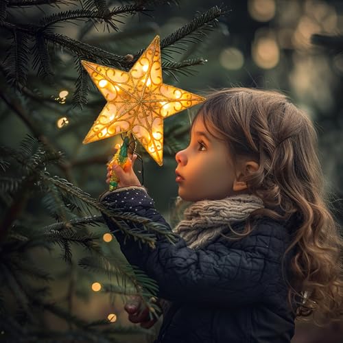 Glitter Star Tree Topper with Lights, Gold I966054