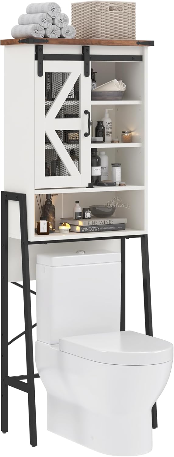 Over The Toilet Storage Cabinet with Adjustable Shelves and Barn Door A346660