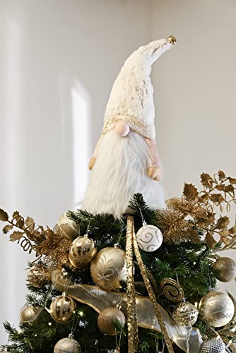 Lighted Christmas Tree Topper Gnome with Timer, 16.5 Inch White and Gold, Battery Operated B444