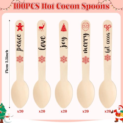 Disposable Christmas Wooden Spoons for Hot Cocoa and Stirring, 100 Set F324399