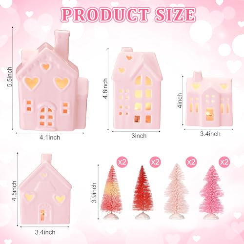 Pink Christmas Ceramic Village Decorations with Lighted Houses and Mini Pine Trees I1734