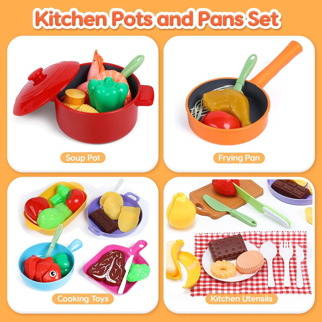 Play Sink with Running Water, Kitchen Sink Toys with Electric Faucet, Kids Pots and Pans Set with Play Food and Storage Basket C7518