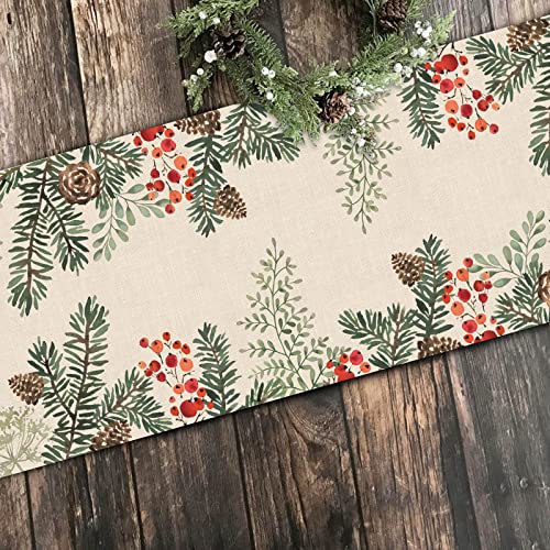 Winter Pine Cone Needle Branch Berry Table Runner, Watercolor Botanical Tabletop Scarf, Christmas Farmhouse Holiday Dining Decoration O823579
