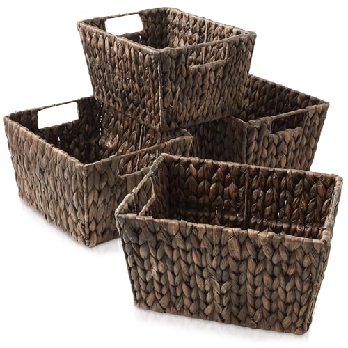 Water Hyacinth Storage Baskets with Handles, Woven Rectangular Bins for Shelves and Laundry E41269