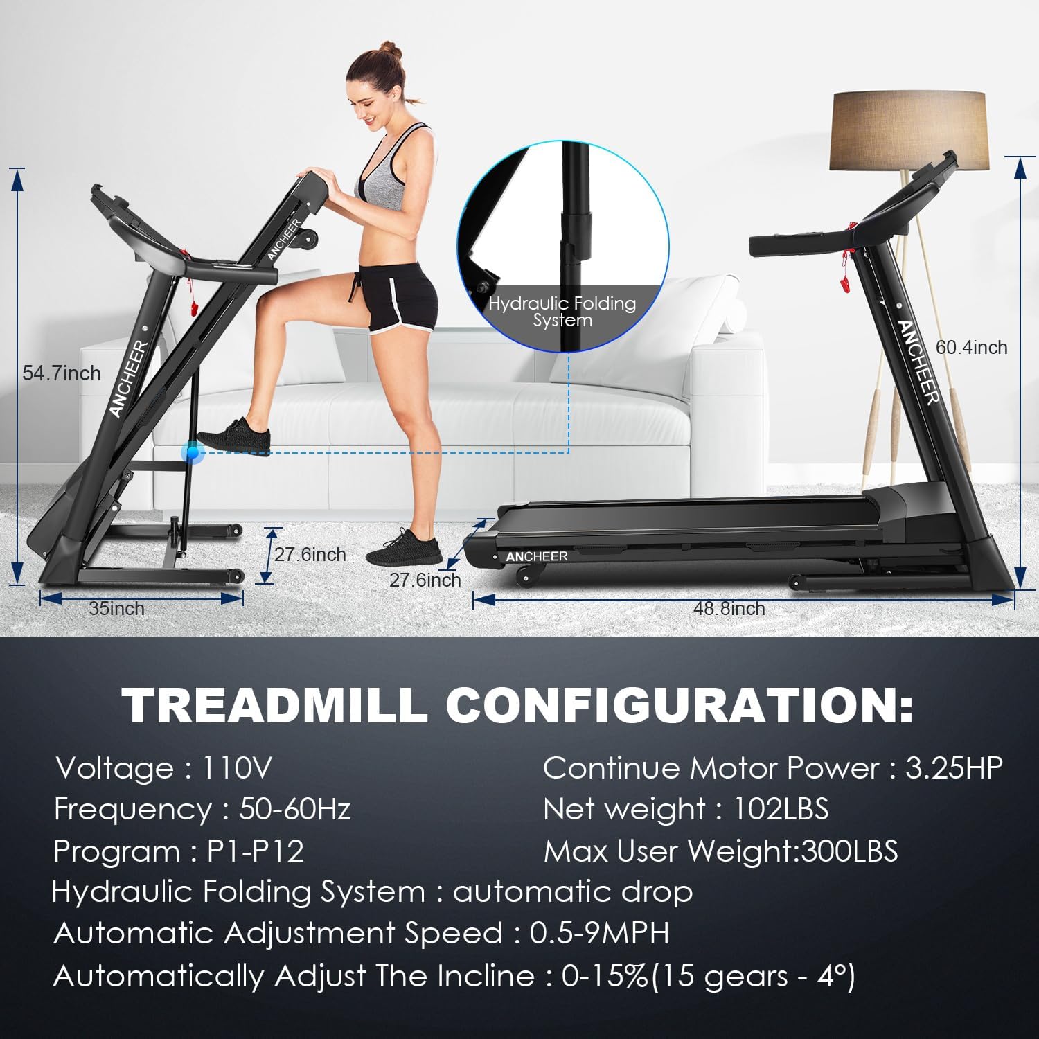 Treadmill with Auto Incline 15% and 300lb Capacity for Home C141282