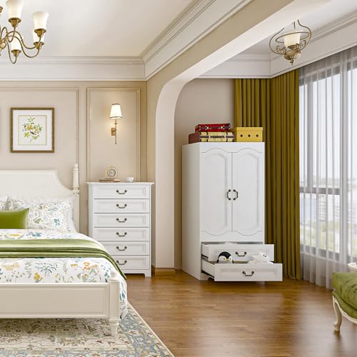 2 Door Wardrobe with 2 Drawer, White Vintage Armoire with Clothing Rod, 67" Tall Wooden Closet Cabinet for Bedroom C405