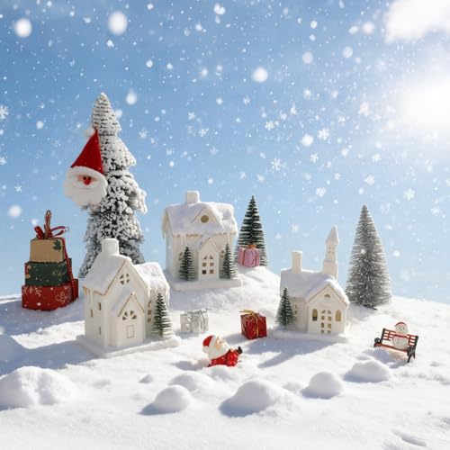 White Ceramic Christmas Village Houses with LED Lights, 3-Piece Set W44352