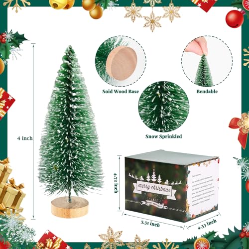 12 Pcs Mini Christmas Trees with Lights, 4" Artificial Bottle Brush Trees with Wooden Bases P243973