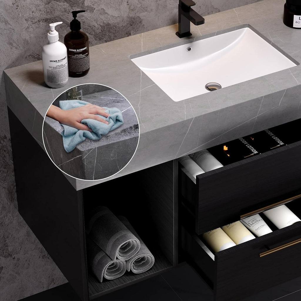 Bathroom Vanity with Sink, 39.4 Inches, Floating Design, 2 Cabinets, 2 Drawers T322486