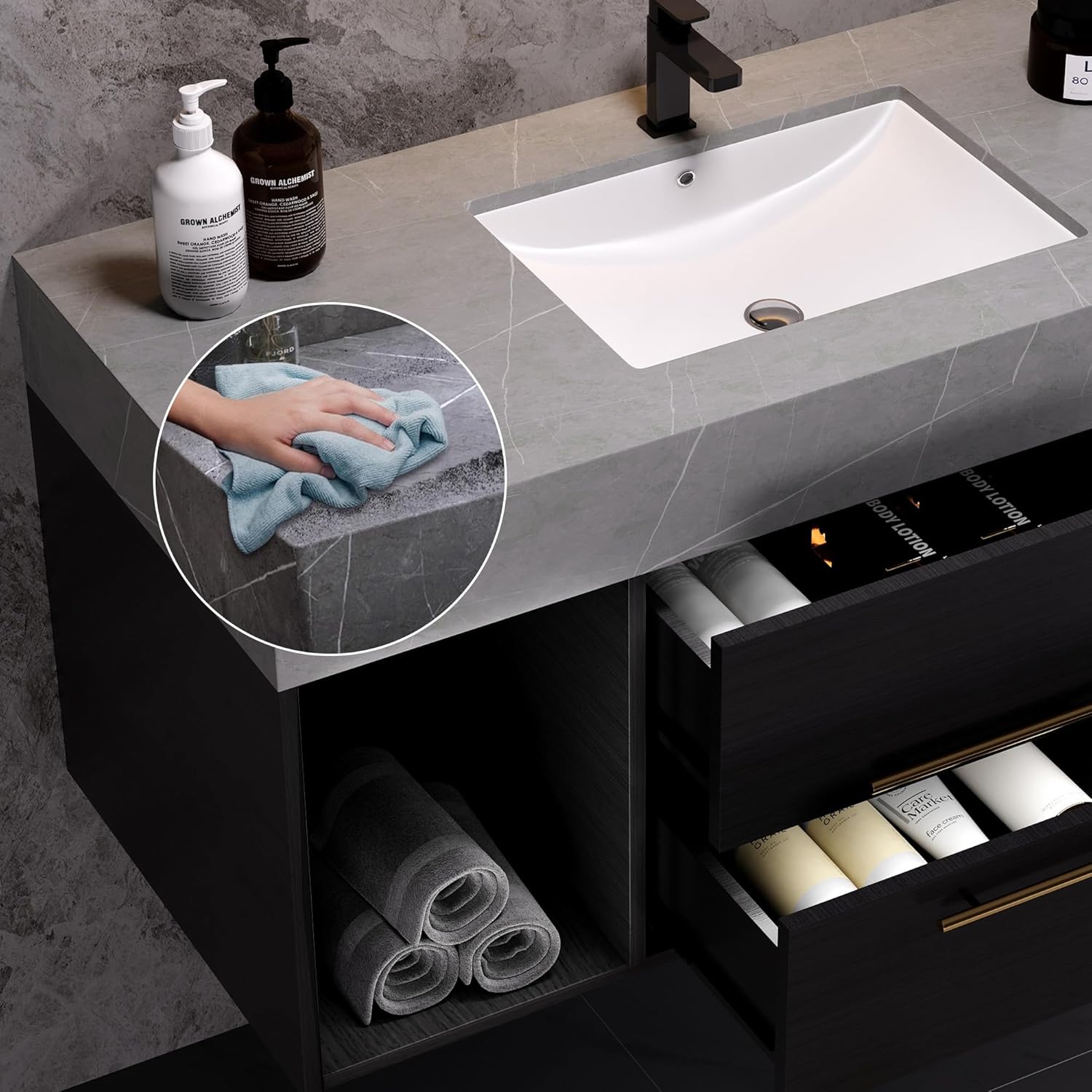Bathroom Vanity with Sink, 39.4 Inches, Floating Design, 2 Cabinets, 2 Drawers T322486