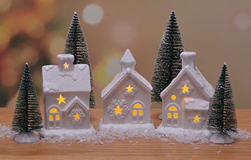 Pre Lit LED Cozy Knit Winter Village with Trees, 7 Piece Tabletop Set Q679005