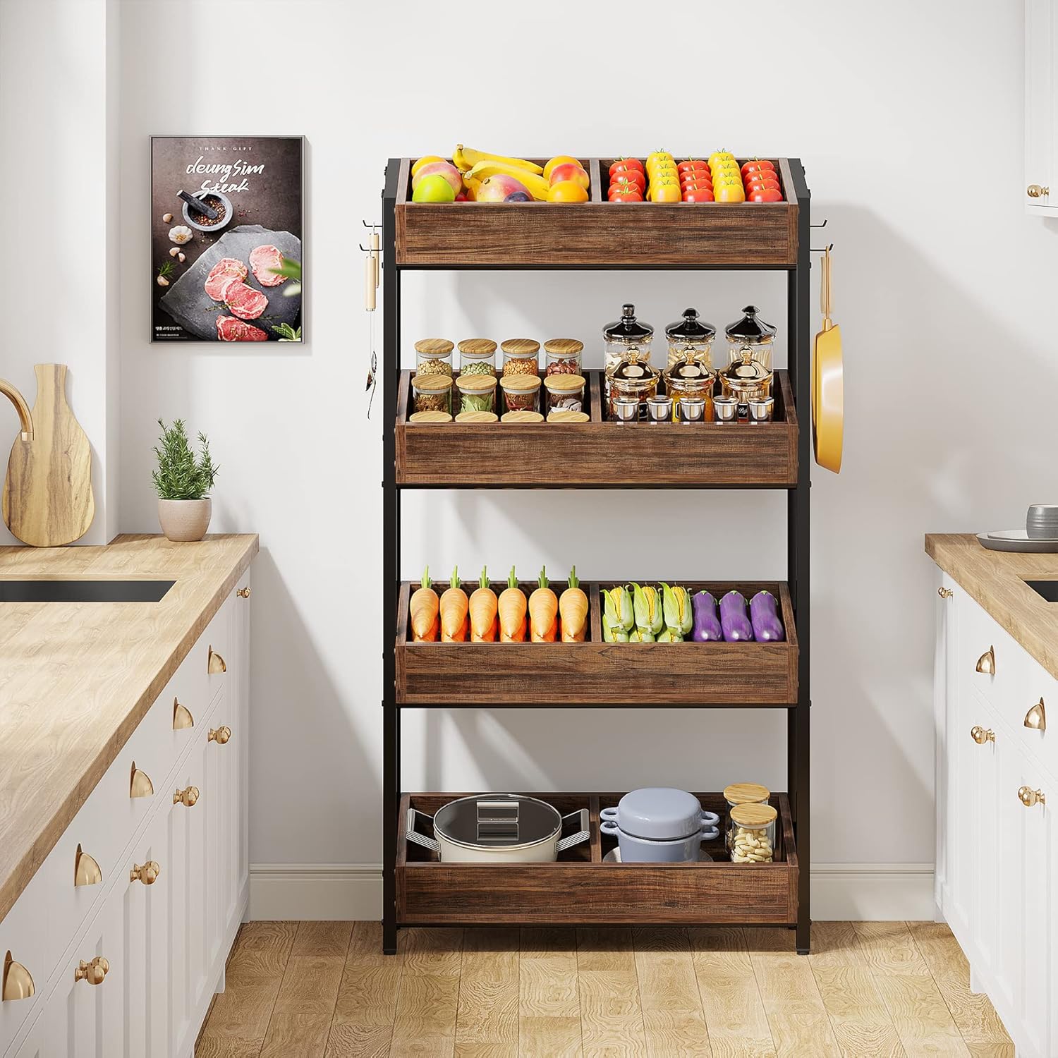 4-Tier Wood Fruit Vegetable Storage Basket Stand, Versatile Utility Shelf Rack C629574