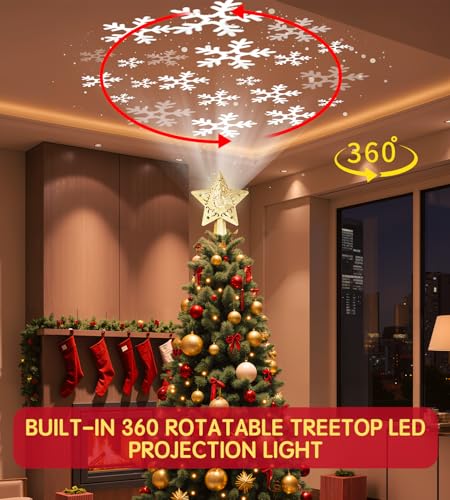 Christmas Tree Star Topper with LED Snowflake Projector, Plug In for Indoor Holiday Decor K8471