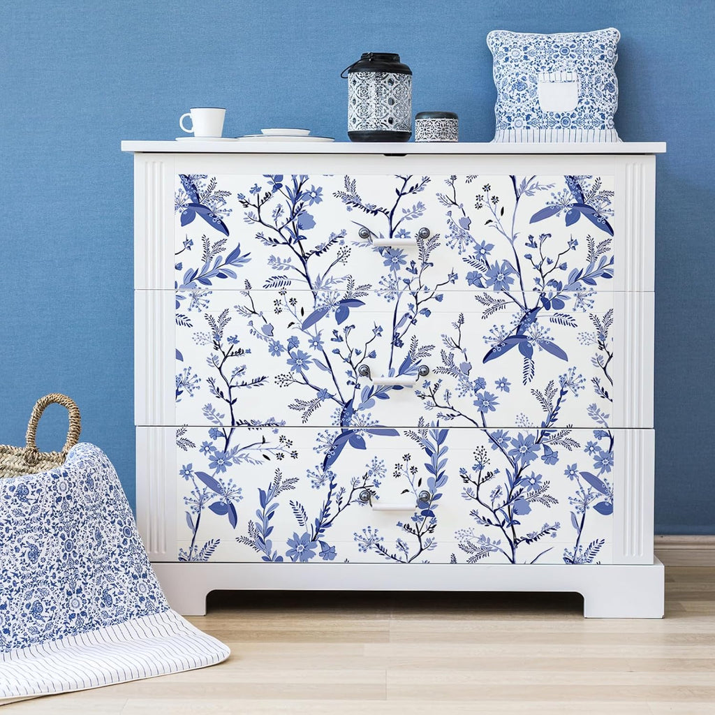 Blue Botanical Floral Peel and Stick Wallpaper for Bedroom Walls Z603