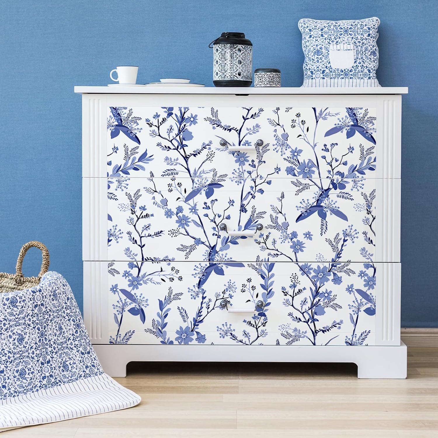 Blue Botanical Floral Peel and Stick Wallpaper for Bedroom Walls Z603