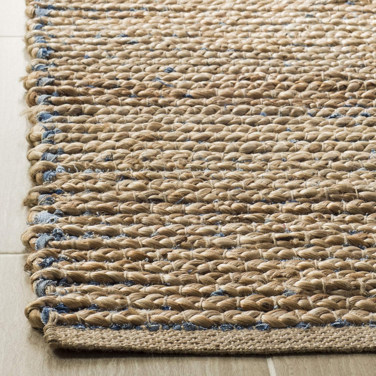Handmade Braided Stripe Jute Accent Rug - 3' x 5', Natural & Blue Y5134