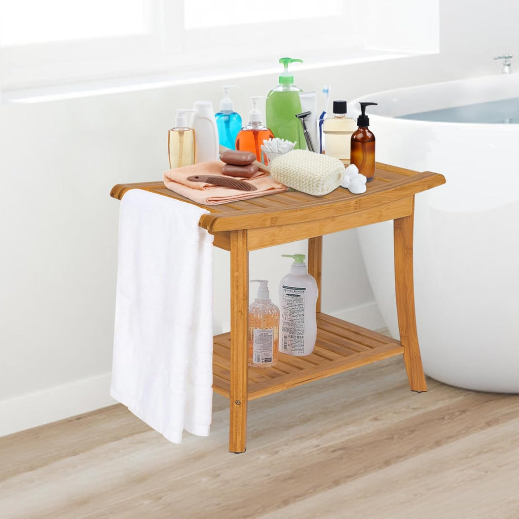 Bamboo Shower Stool with Handles and Storage Shelf W594257