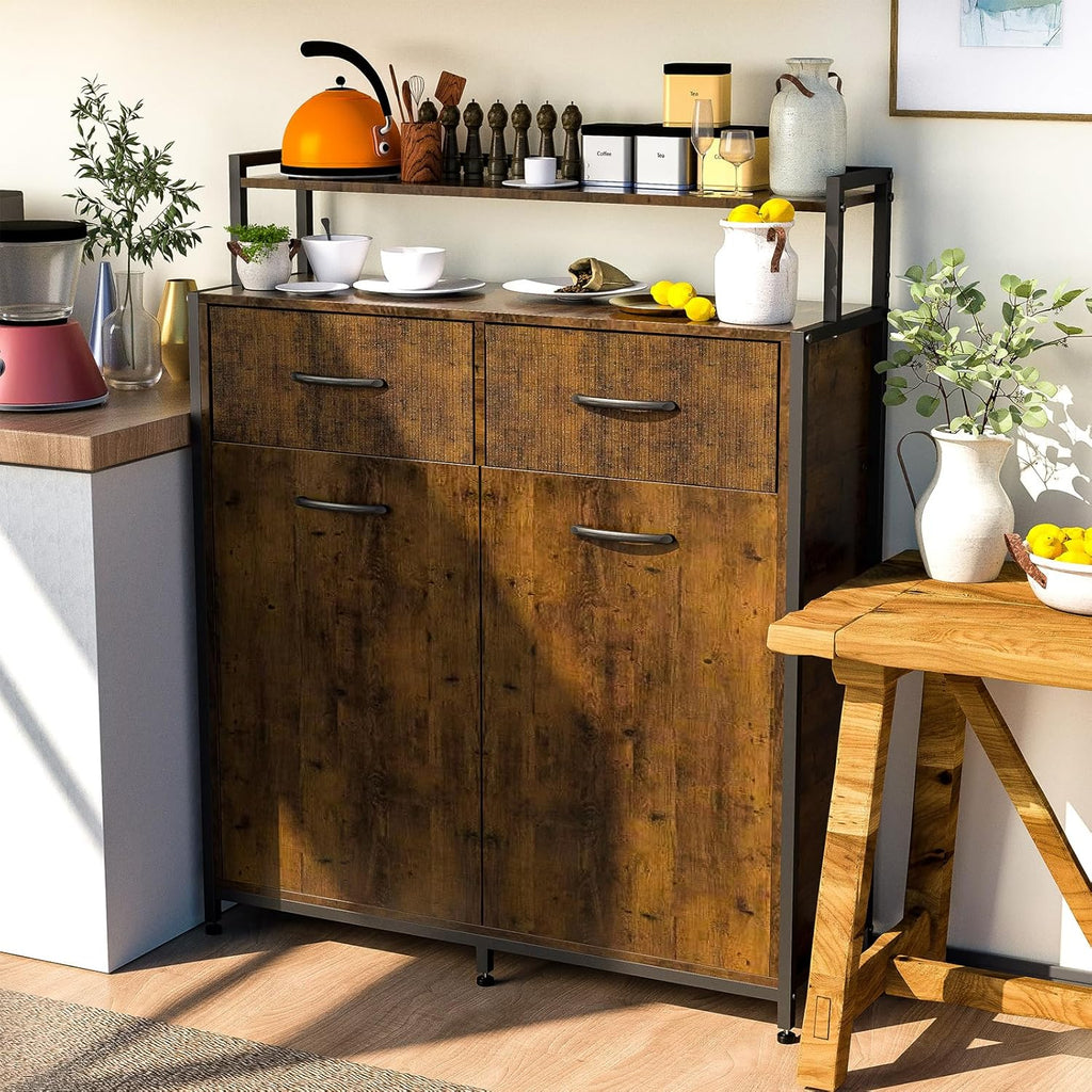Dual Tilt Out Trash Cabinet, Hidden Trash Bin Cabinet with 2 Drawers and Shelf, Large Kitchen Trash Bin Cabinet MDF board, Laundry Hamper Cabinet Free Standing Holder 10 Gallon