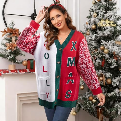 Funny Christmas Cardigan for Women Open Front Knit Coat W4033