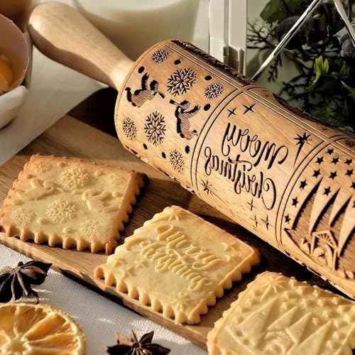17" Wooden Rolling Pin for Baking with Christmas Embossed Designs, 3mm Deep Cookie Molds, Includes Cleaning Brush L8431