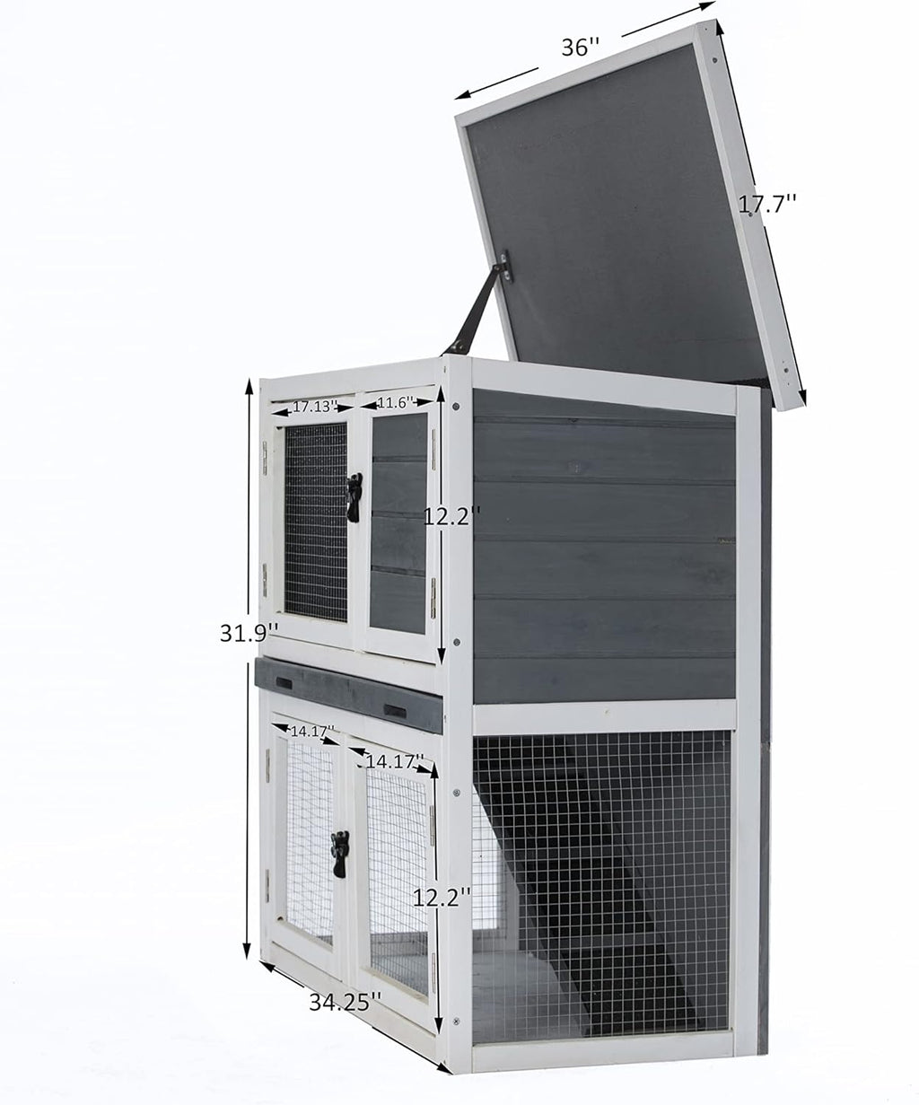 Wooden Two-Floor Rabbit Hutch Outdoor with Ramp and Removable Tray T19092