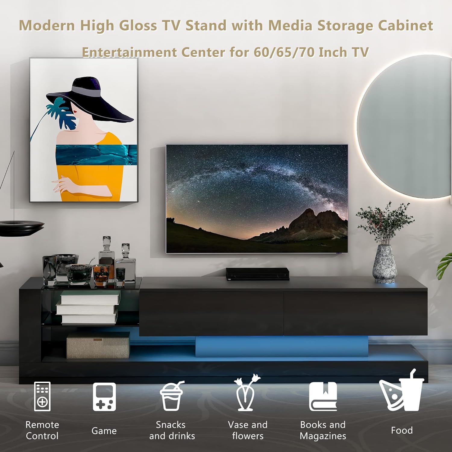 High Gloss TV Stand with LED Lights and 2 Media Storage Cabinets for 75 Inch TV U5066