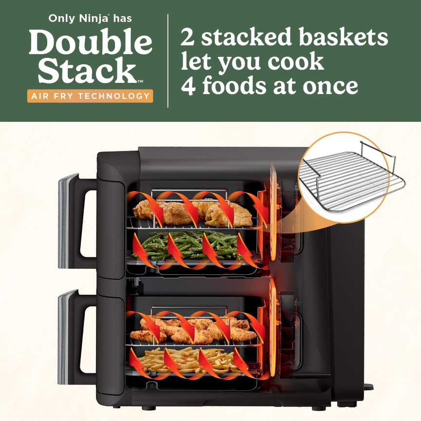 Air Fryer, 8 QT DoubleStack 2-Basket, Space Saving Design, 6-in-1, Roast & Bake, Dishwasher Safe Parts, Black N43591