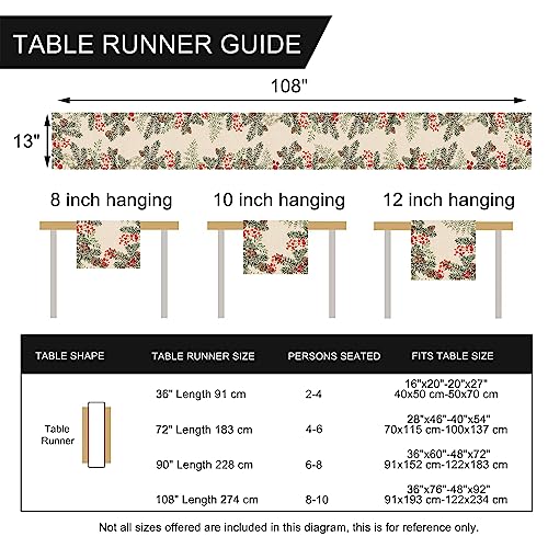 Winter Pine Cone Needle Branch Berry Table Runner, Watercolor Botanical Tabletop Scarf, Christmas Farmhouse Holiday Dining Decoration O823579