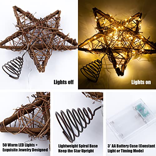 Rattan Star Christmas Tree Topper with 50 Warm LED Lights K600