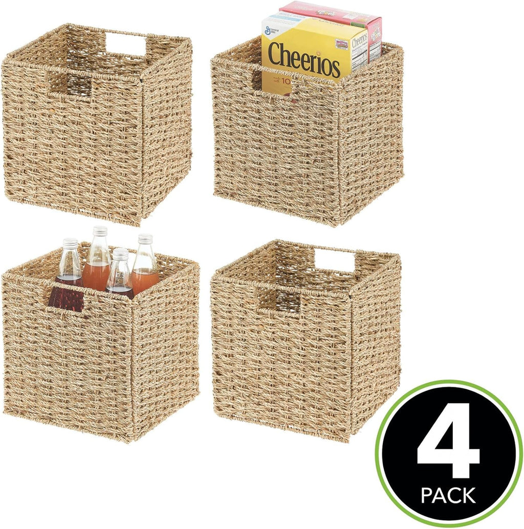 Seagrass Woven Cube Basket Organizer with Handles, 4 Pack, Natural/Tan F18071