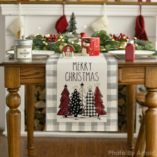 Buffalo Plaid Christmas Trees Table Runner, Winter Holiday Kitchen Dining Decor, 13 x 108 Inch D48516