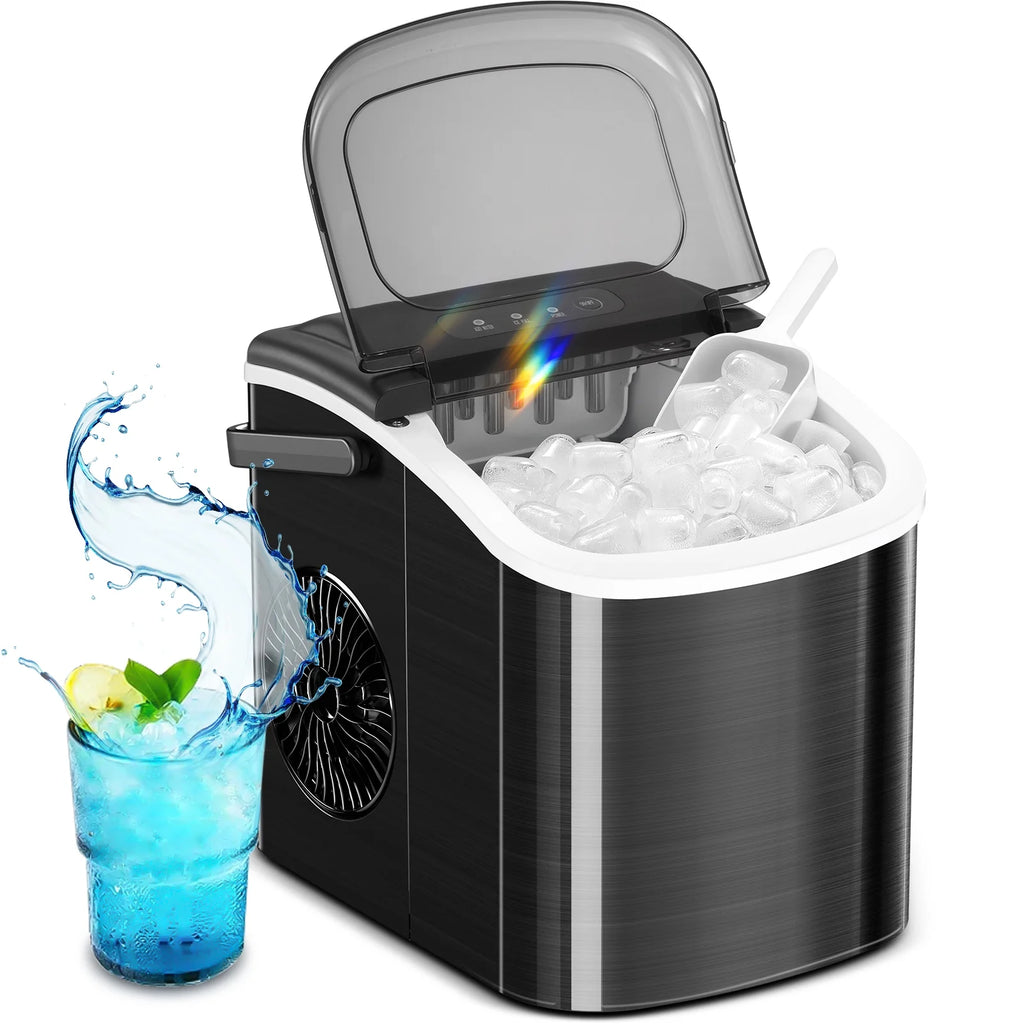 KISSAIR Portable Ice Maker Countertop, 9Pcs/8Mins, 26lbs/24H, Self-Cleaning Ice Machine with Handle for Kitchen/Office/Bar/Party, Stainless Steel Black