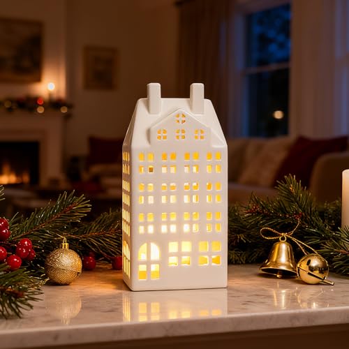 Light Up Christmas Village Set, White Ceramic House with Lights, Tabletop Decor N910947