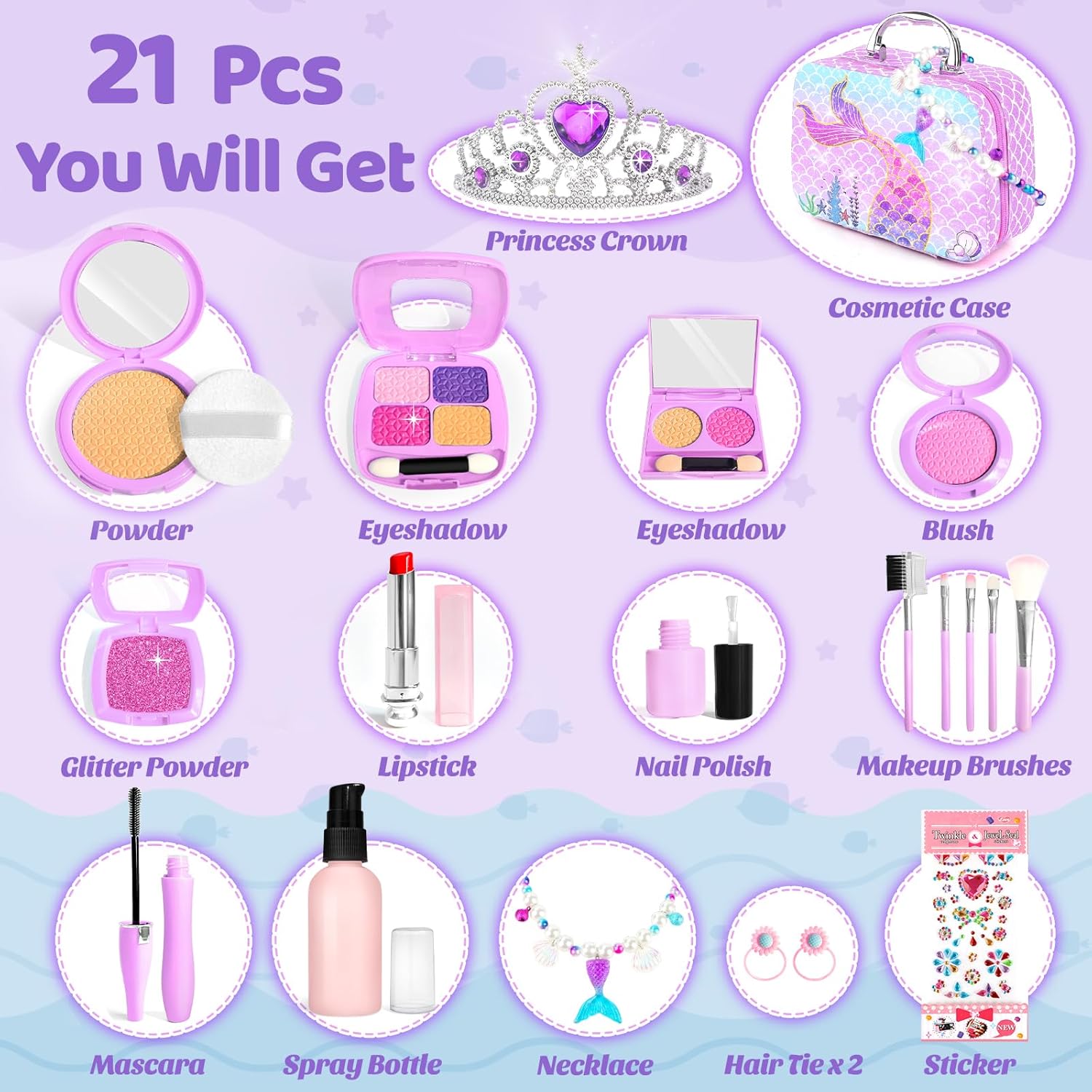 Pretend Makeup for Toddlers, Mermaid Toy Purse for Girls, Toddler Makeup Kit R76507