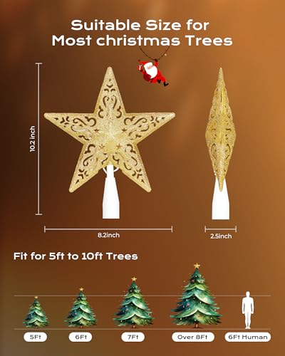 Christmas Star Tree Topper Lighted 3D Gold Pentagram with 10 Bulbs Plug In B67124