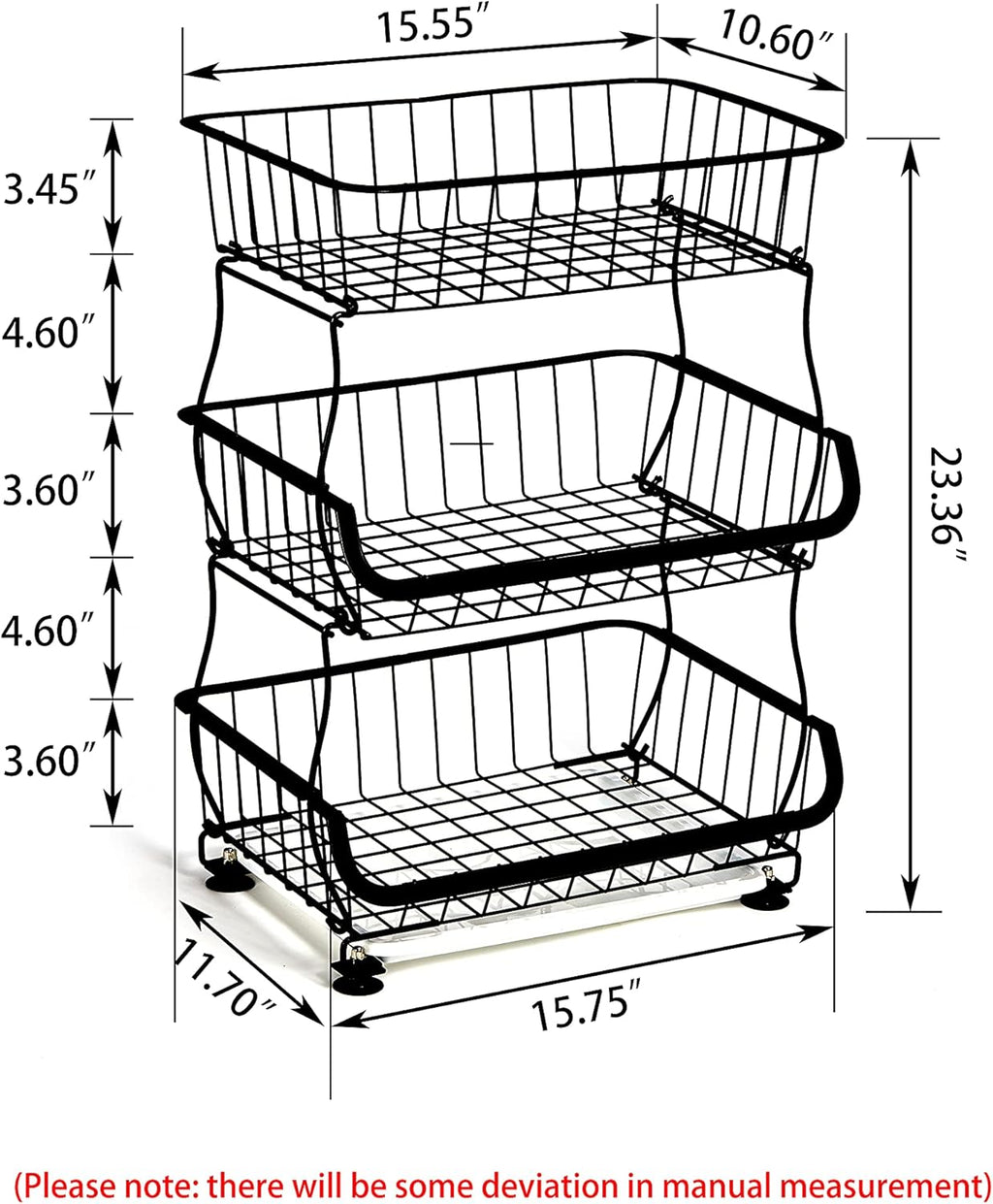 3 Tier Fruit Basket Stand with Wheels, Metal Storage Cart for Kitchen Pantry E464