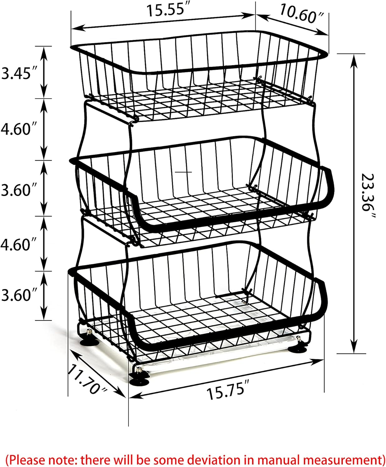 3 Tier Fruit Basket Stand with Wheels, Metal Storage Cart for Kitchen Pantry E464