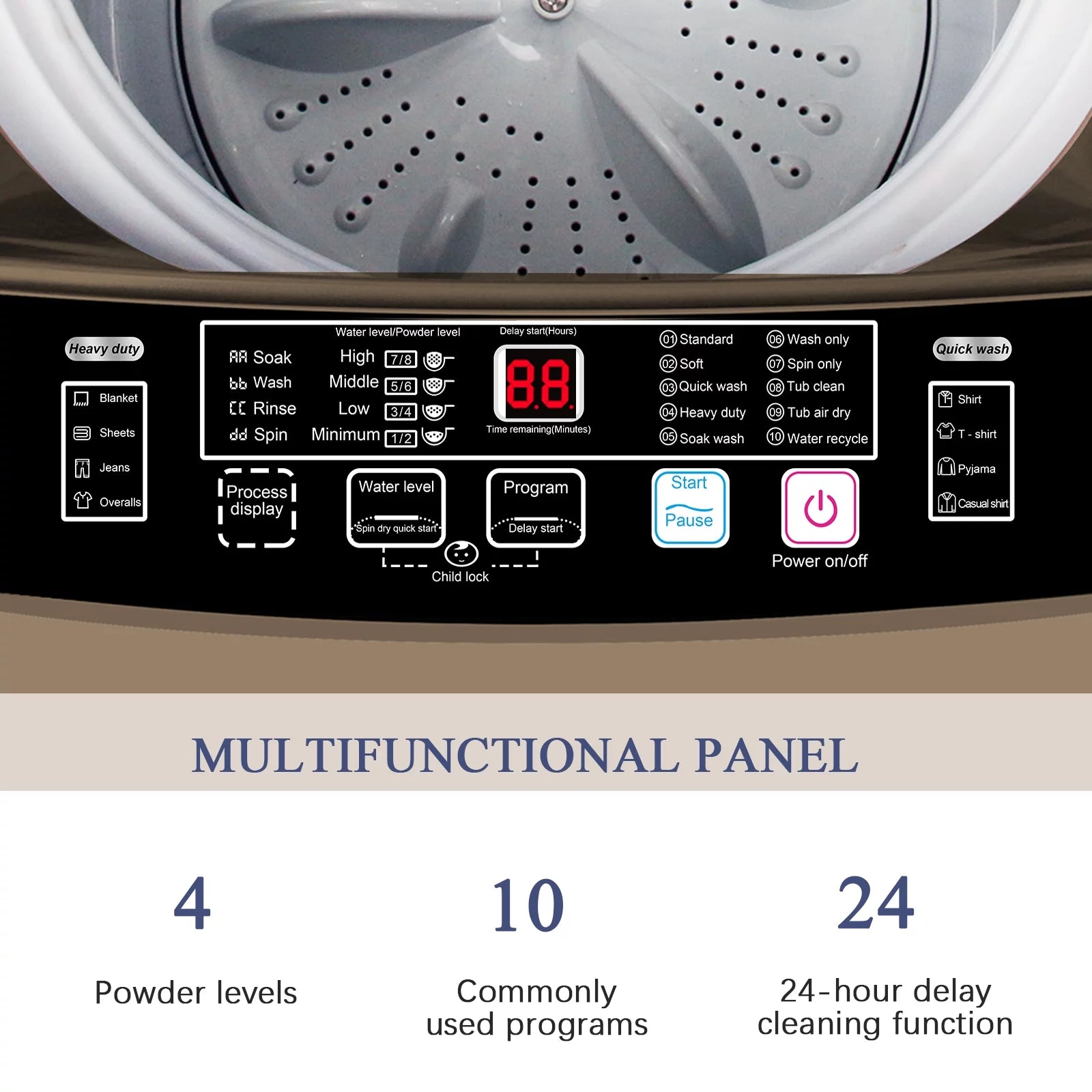 17.7 lbs Full Automatic Mini Washer with Drain Pump, Top Load, 10 Programs O77287