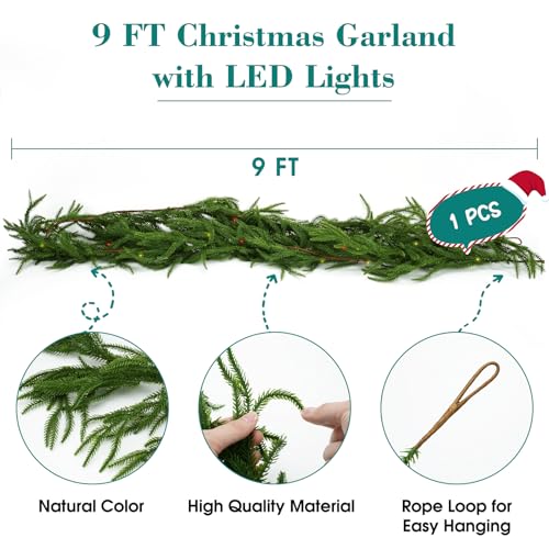9ft Pine Garland with Lights, Artificial Greenery for Mantle Fireplace Holiday Decor Z5285