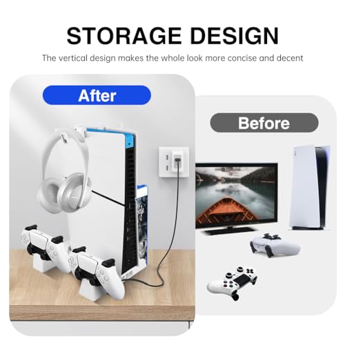 PS5 Slim Stand with Cooling Fan and Controller Charging Station, Headset Holder, White C25996