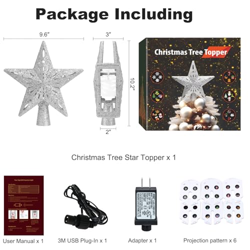 Silver 3D Glitter Christmas Tree Topper with LED Rotating Lights F457326