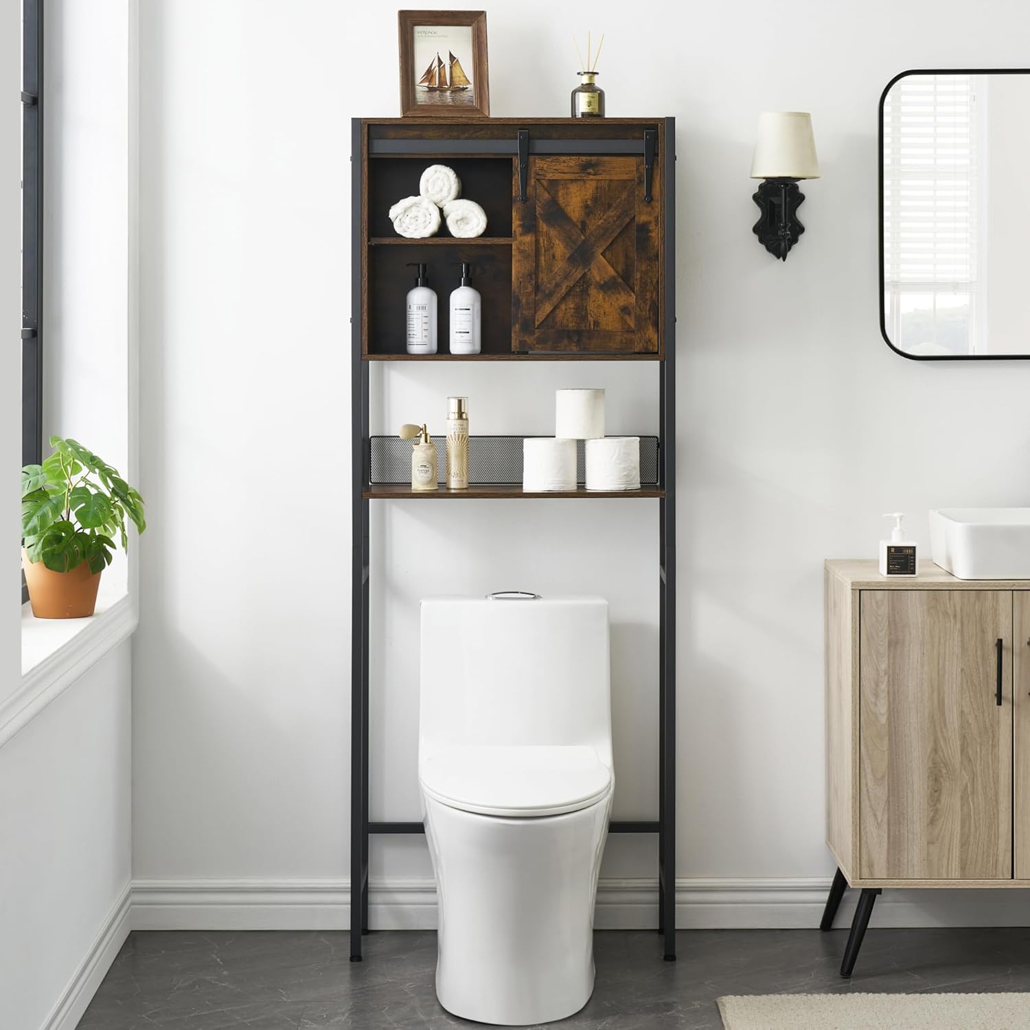 Over the Toilet Storage Cabinet with Sliding Door and Adjustable Shelf, Rustic Brown X683778