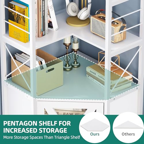 Corner Bookshelf with Storage, 7-Tier Shelf with Doors, White V7438
